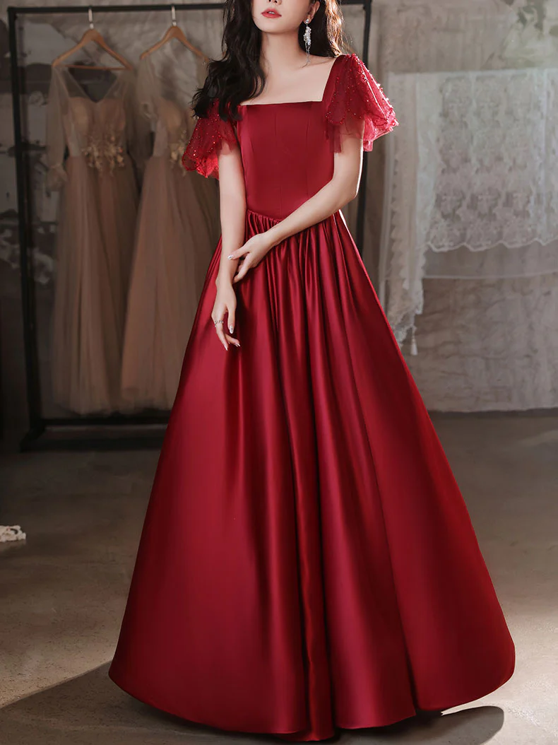 Simple Burgundy Satin Long Prom Dress, Burgundy Bridesmaid Dress - Deanwangkt