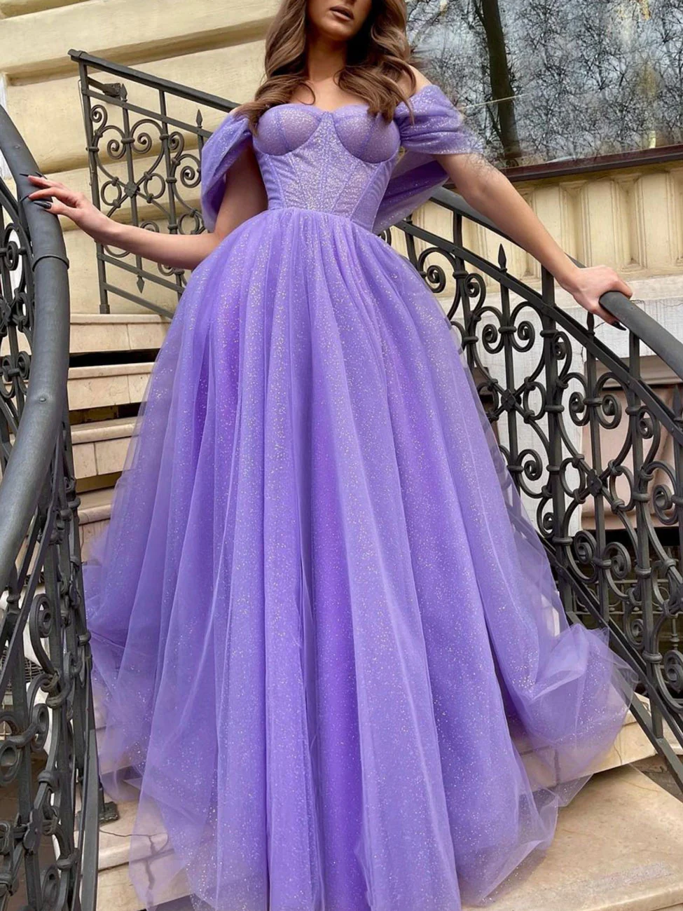 Simple Purple Off Shoulder Tulle Long Prom Dress, Purple Graduation Dress - Deanwangkt