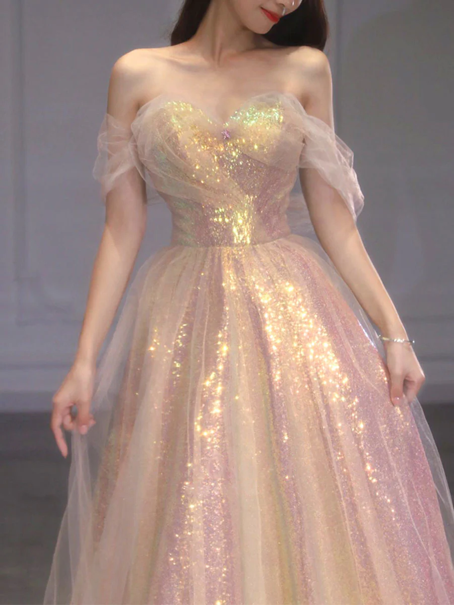 A Line Tulle Sequin Long Prom Dress, Off Shoulder Formal Graduation Dress - Deanwangkt