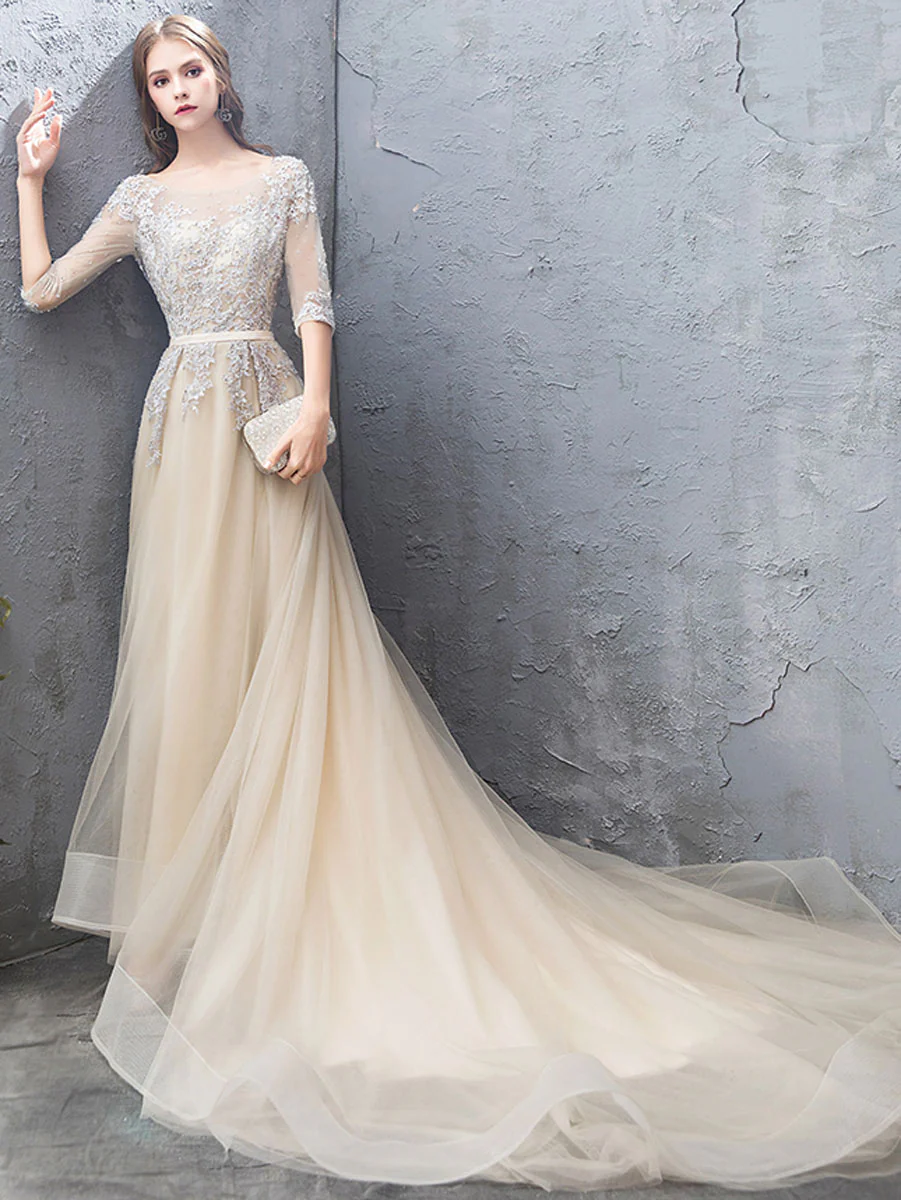 Champagne Round Neck Tulle Lace Long Prom Dress Lace Evening Dress - Deanwangkt