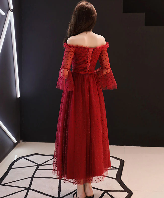 Burgundy Tulle Lace Tea Length Prom Dress, Burgundy Evening Dress - Deanwangkt