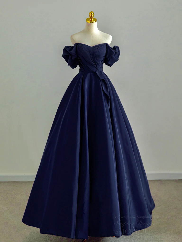 A-Line Off Shoulder Satin Dark Blue Long Prom Dress, Dark Blue Long Formal Dress - Deanwangkt