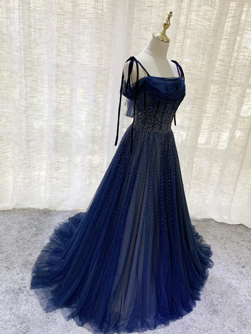 Dark Blue Tulle Sequin Long Prom Dress, Blue Tulle Formal Dress - Deanwangkt