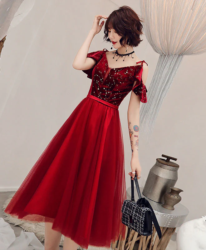 Simple Burgundy Off Shoulder Tulle Short Prom Dress - Deanwangkt