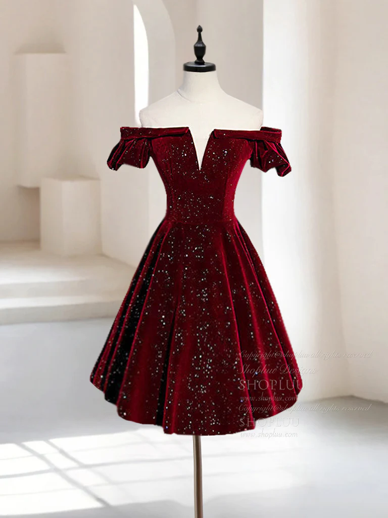 A-Line Off Shoulder Velvet Burgundy Short Prom Dress, Burgundy Homecoming Dress - Deanwangkt
