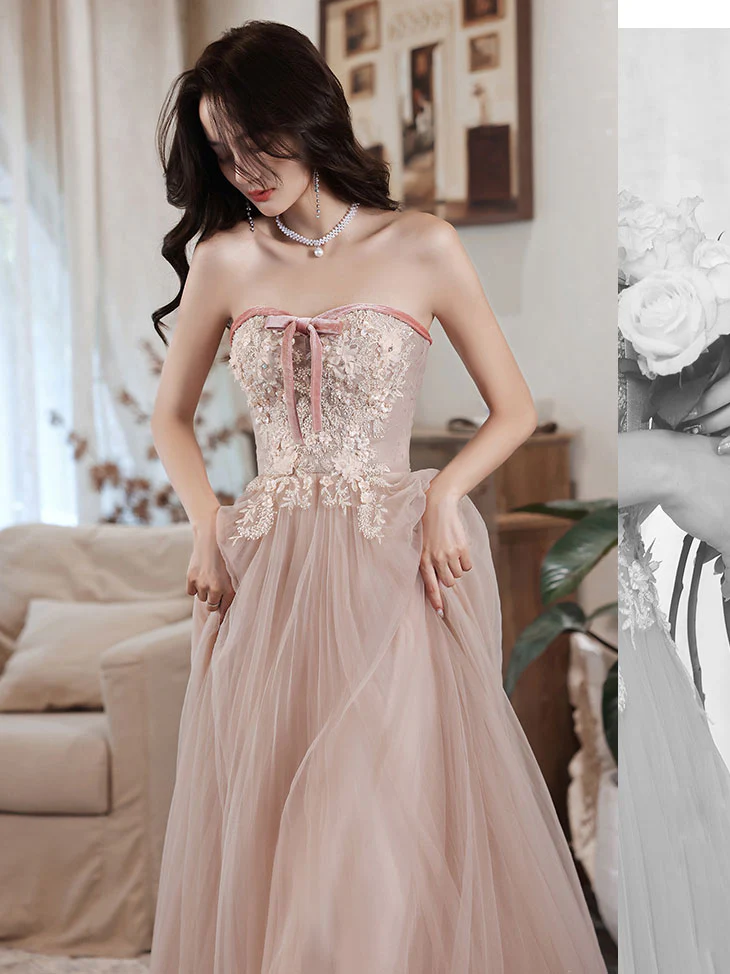 Champagne Tulle Lace Long Prom Dress, Champagne Evening Dress - Deanwangkt