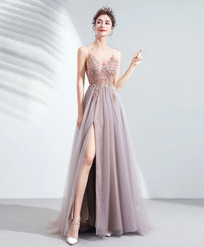 Unique V Neck Tulle Beads Long Prom Dress Tulle Formal Dress - Deanwangkt