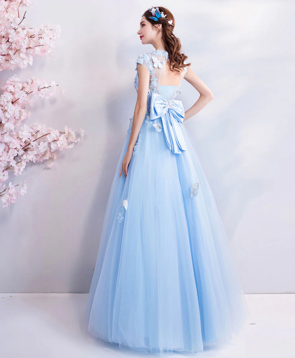 Sky Blue Lace Tulle Long Prom Dress, Blue Evening Dress - Deanwangkt
