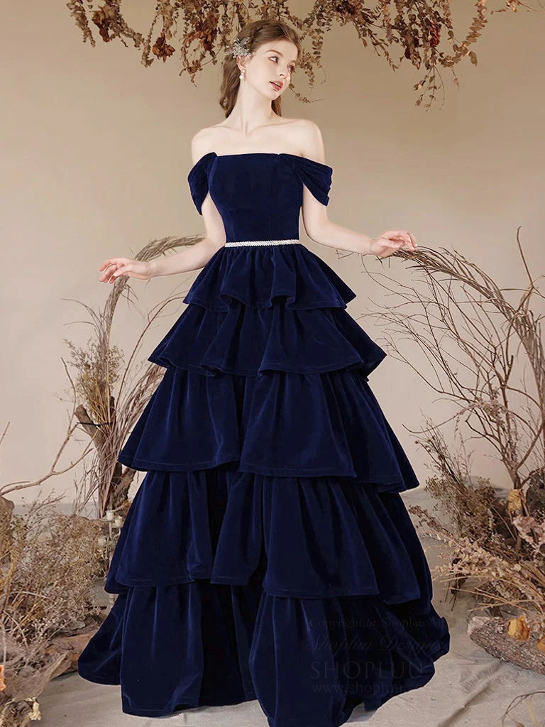 A-Line Off Shoulder Velvet Dark Blue Long Prom Dress, Dark Blue Long Formal Dress - Deanwangkt