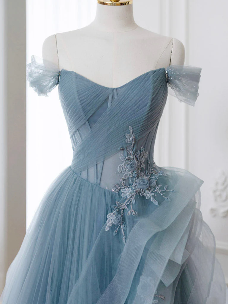 A-Line off Shoulder Tulle Lace Gray Blue Long Prom Dress, Blue Long Formal Dress - Deanwangkt