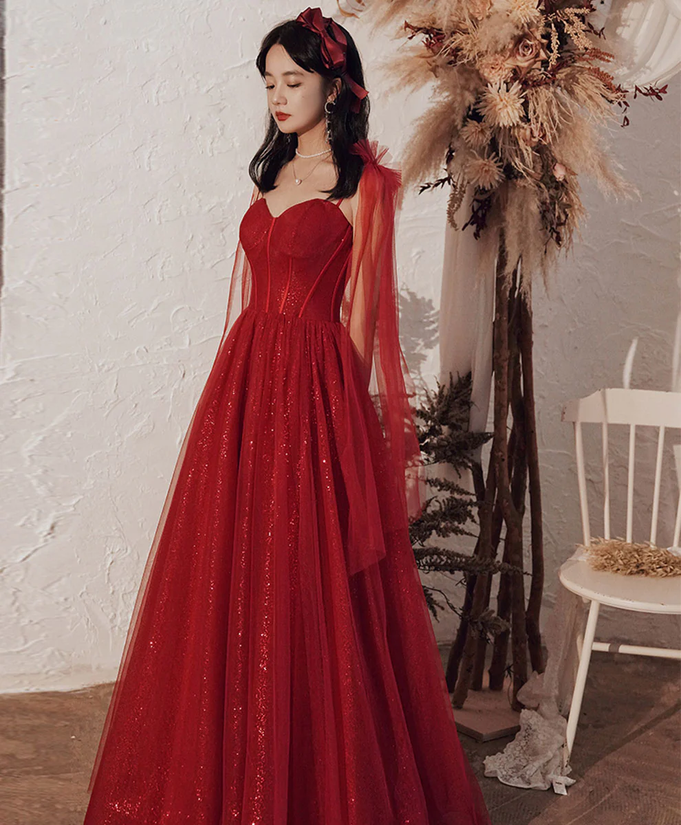 Burgundy Tulle Long Prom Dress, Burgundy Sequin Formal Dress - Deanwangkt