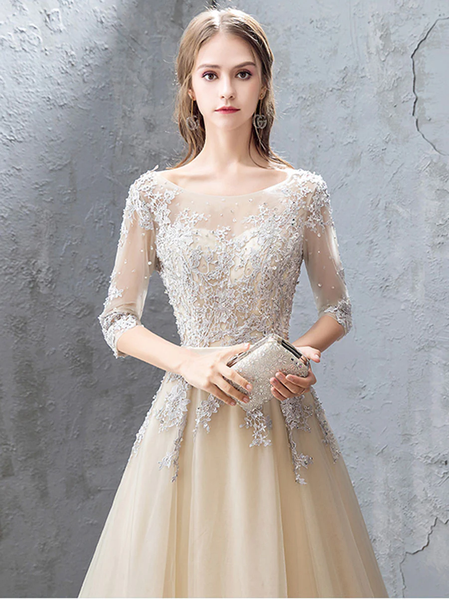 Champagne Round Neck Tulle Lace Long Prom Dress Lace Evening Dress - Deanwangkt