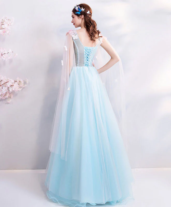 Blue V Neck Tulle Long Prom Dress, Blue Tulle Evening Dress - Deanwangkt