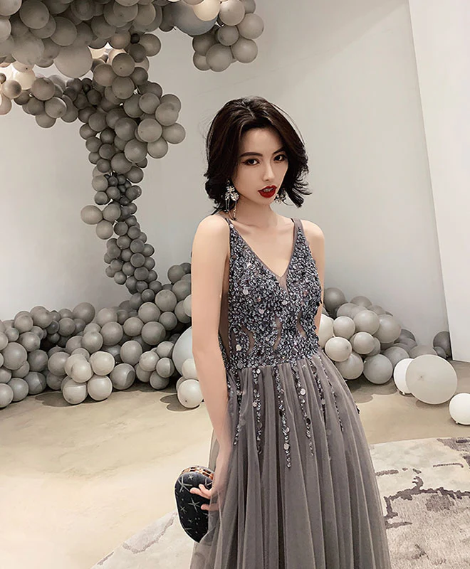 Gray V Neck Tulle Beads Long Prom Dress, Gray Tulle Evening Dress - Deanwangkt