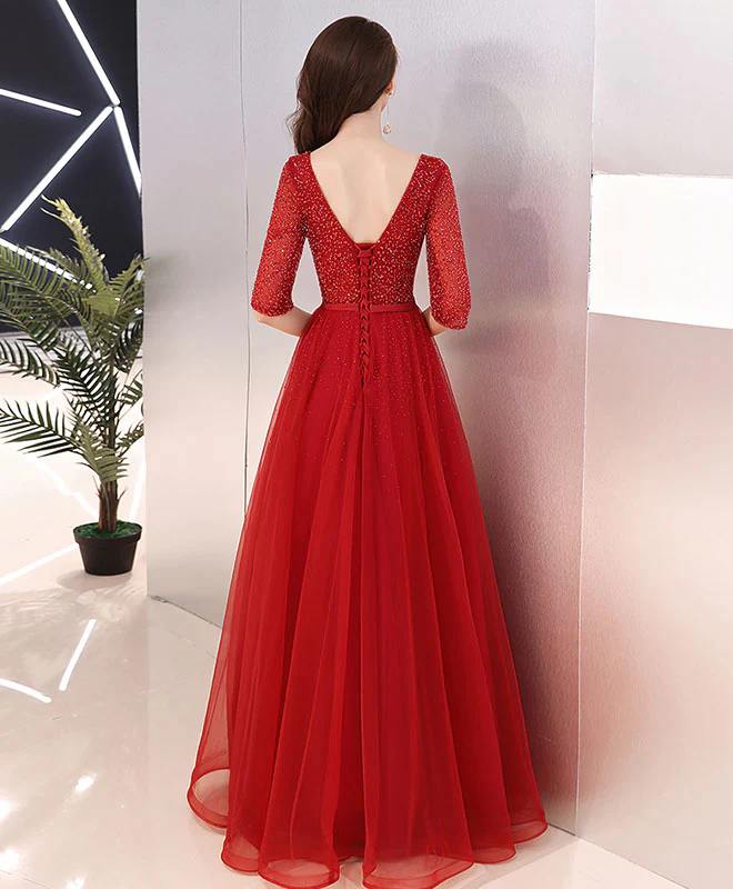 Burgundy Tulle Beads Long Prom Dress, Burgundy Tulle Evening Dress - Deanwangkt