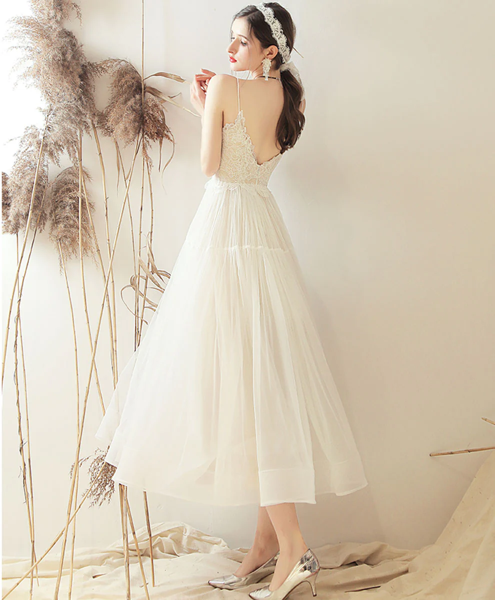 White Sweetheart A Line Tulle Tea Length Prom Dress Bridesmaid Dress - Deanwangkt