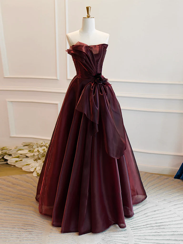 A-Line Burgundy Organza Burgundy Long Prom Dress, Burgundy Long Evening Dress - Deanwangkt