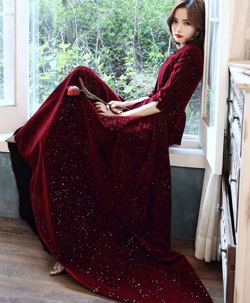 Burgundy Velvet Long Prom Dress Burgundy, Velvet Formal Evening Dress - Deanwangkt