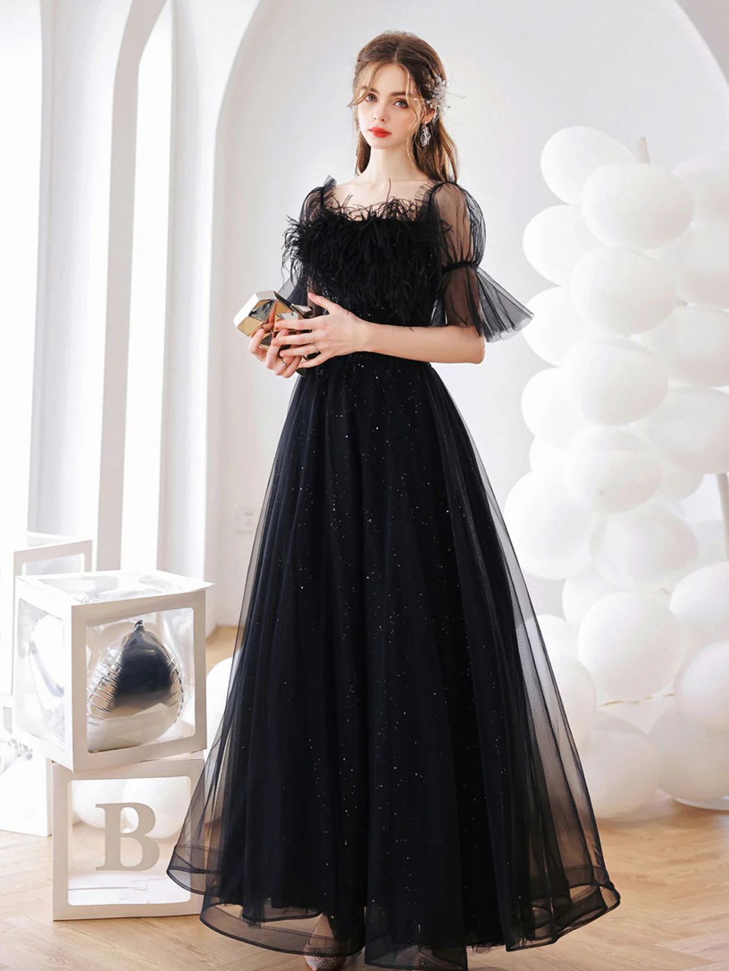 Black A line Tulle Long Prom Dress Black Tulle Formal Evening Dresses - Deanwangkt