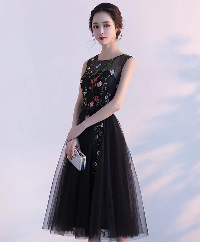 Black Round Neck Lace Tulle Short Prom Dress, Black Evening Dress - Deanwangkt