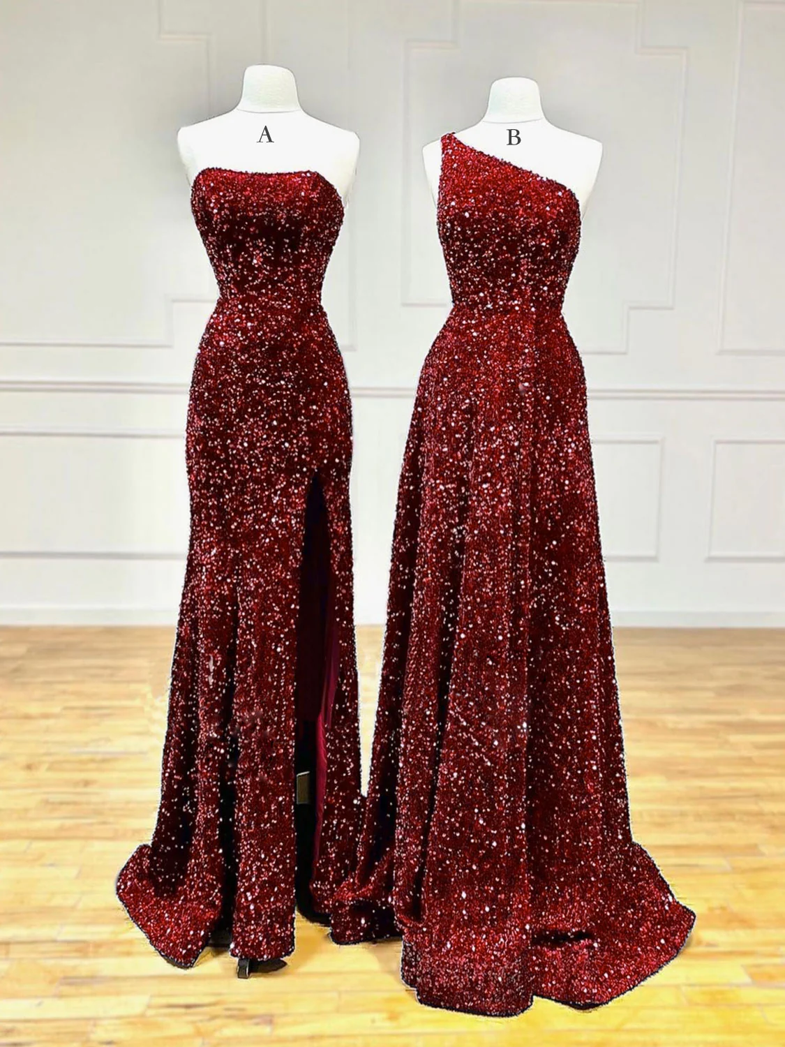 Unique Velvet Sequin Mermaid Burgundy Long Prom Dress, Burgundy Formal Evening Dress - Deanwangkt