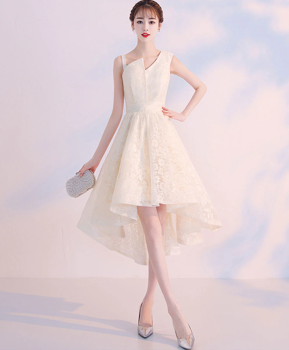 Champagne Lace High Low Prom Dress Lace Cocktail Dress, Cute Homecoming Dress - Deanwangkt