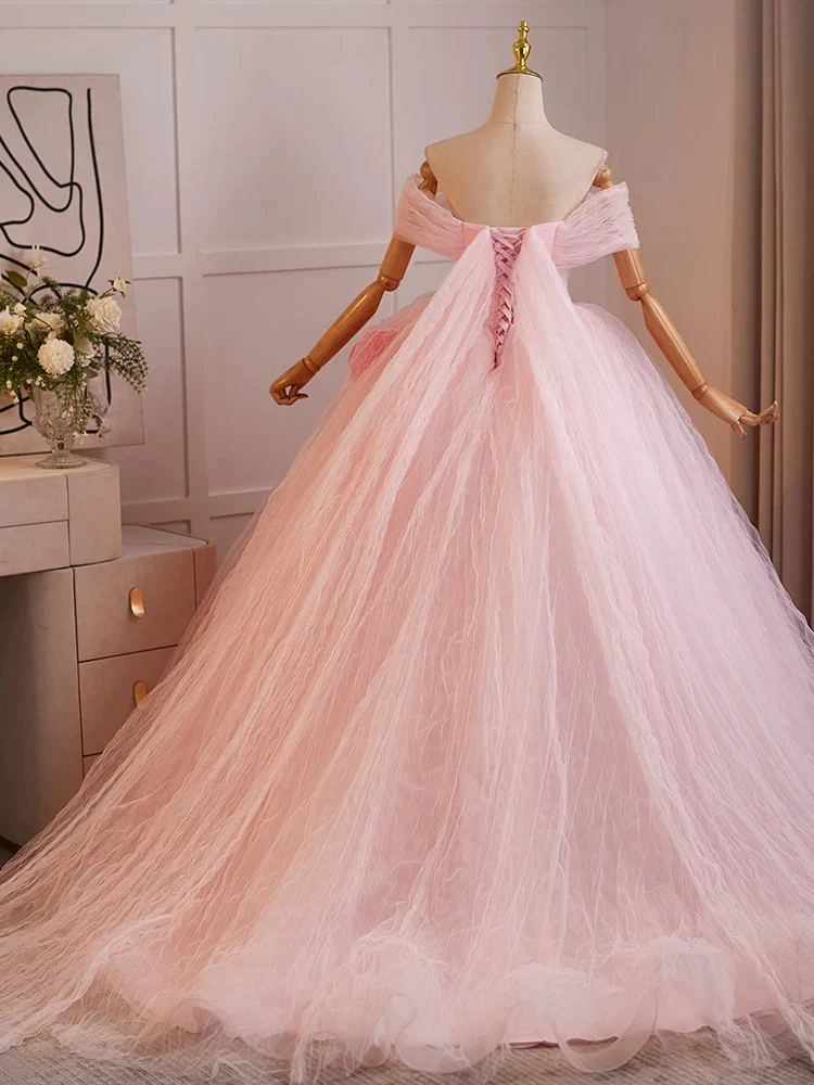 A-Line Off Shoulder Tulle Pink Long Prom Dress, Pink Tulle Long Sweet 16 Dress - Deanwangkt