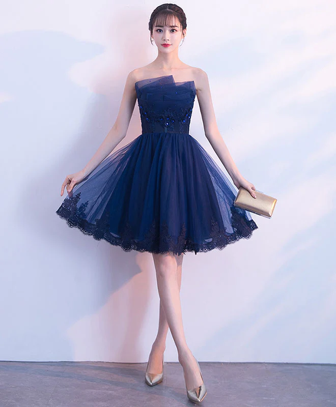 Cute Dark Blue Tulle Lace Short Prom Dress, Homecoming Dress - Deanwangkt