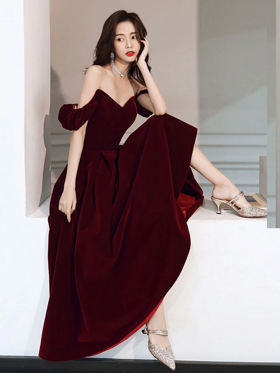 Simple Velvet Tea Length Prom Dresses, Burgundy Velvet Evening Dresses - Deanwangkt