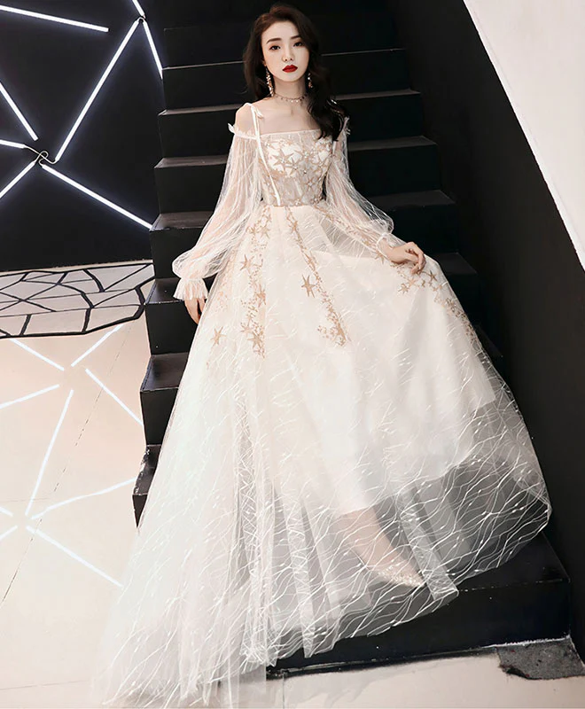 Unique Tulle Lace Long Prom Dress, Tulle Lace Evening Dress - Deanwangkt