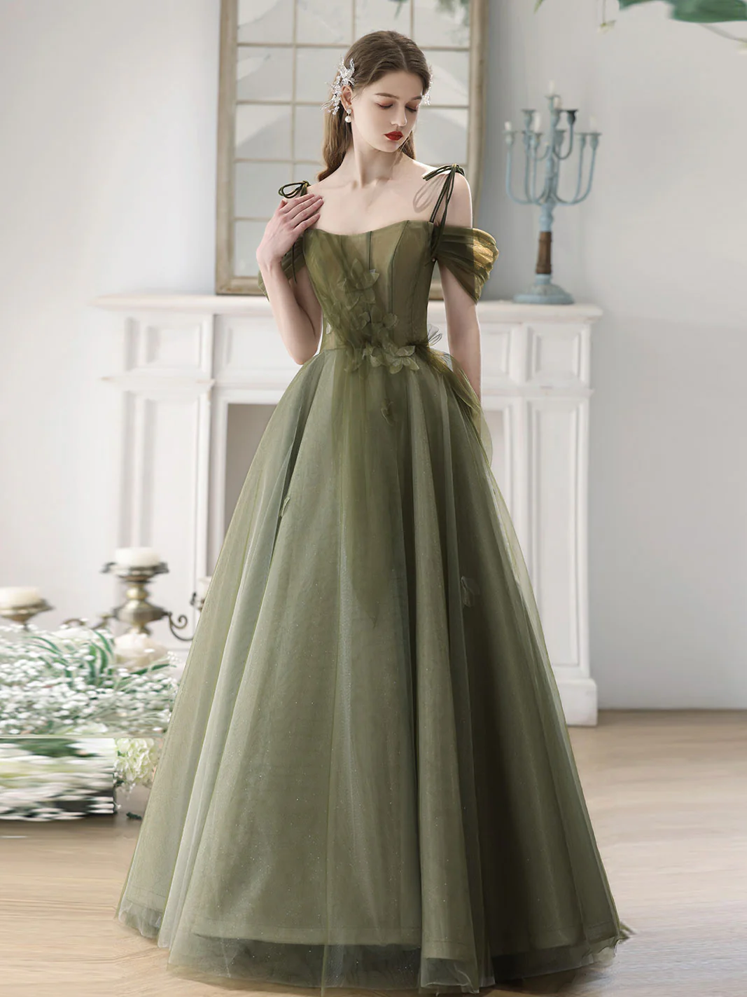 A-Line Off Shoulder Green Tulle Long Prom Dress, Green Formal Dresses - Deanwangkt