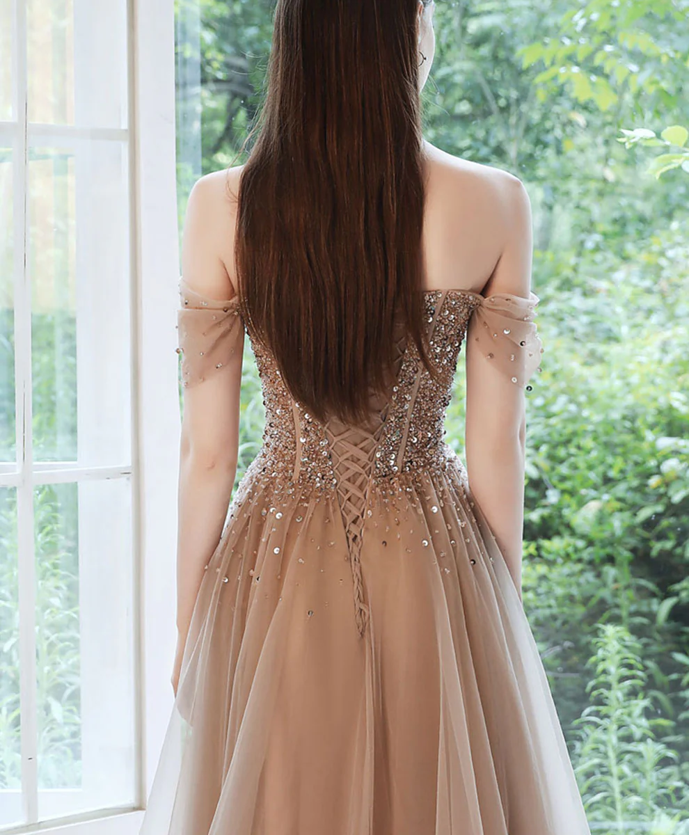 Champagne Tulle Sequin Beads Long Prom Dress Tulle Formal Dress - Deanwangkt