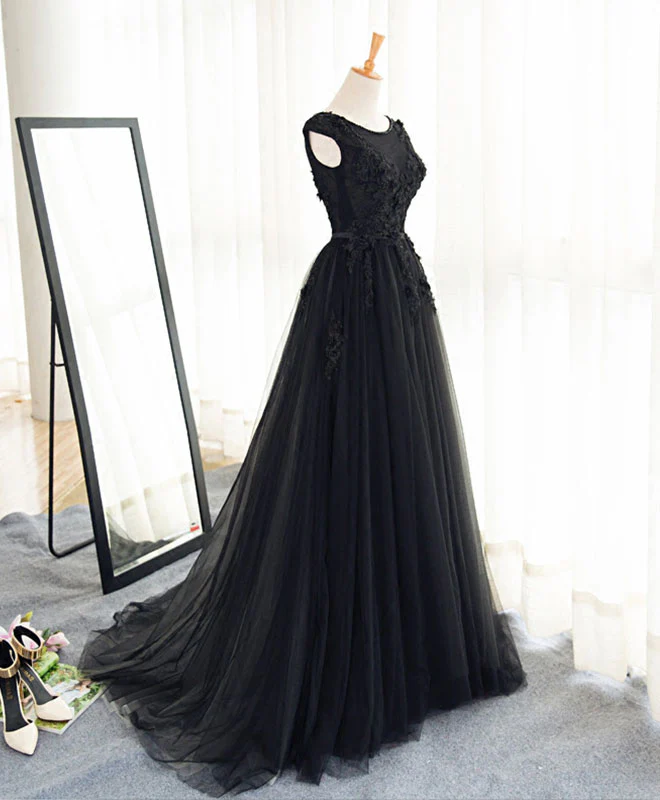 Black A Line Tulle Lace Long Prom Dress, Evening Dress - Deanwangkt