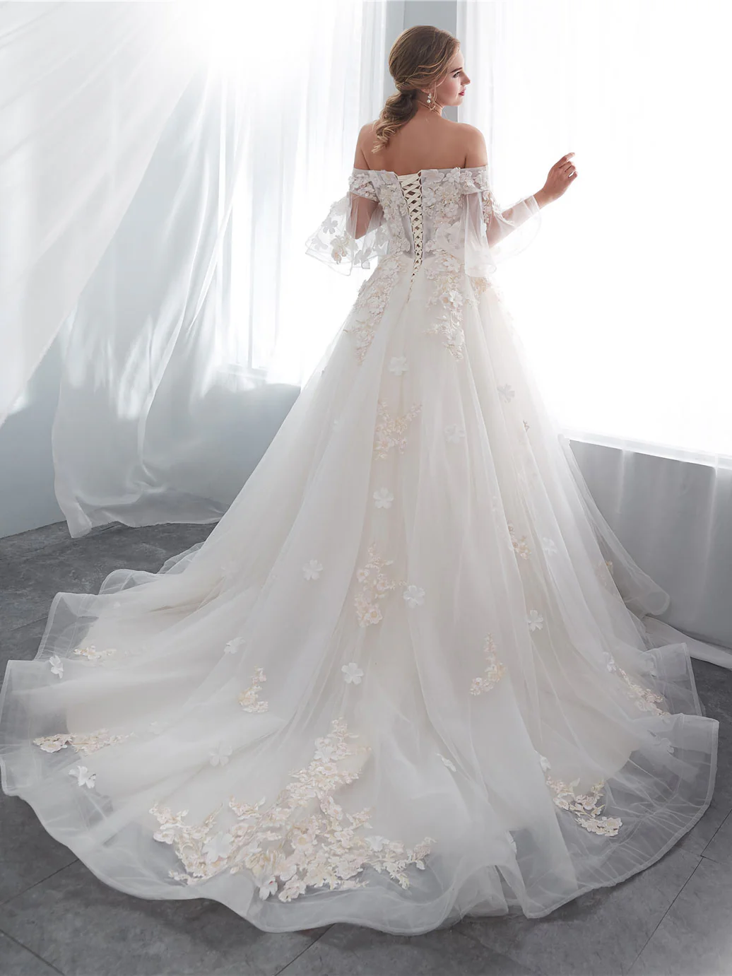 Ivory Long Lace Wedding Dress, Ivory Tulle Lace Wedding Gown - Deanwangkt