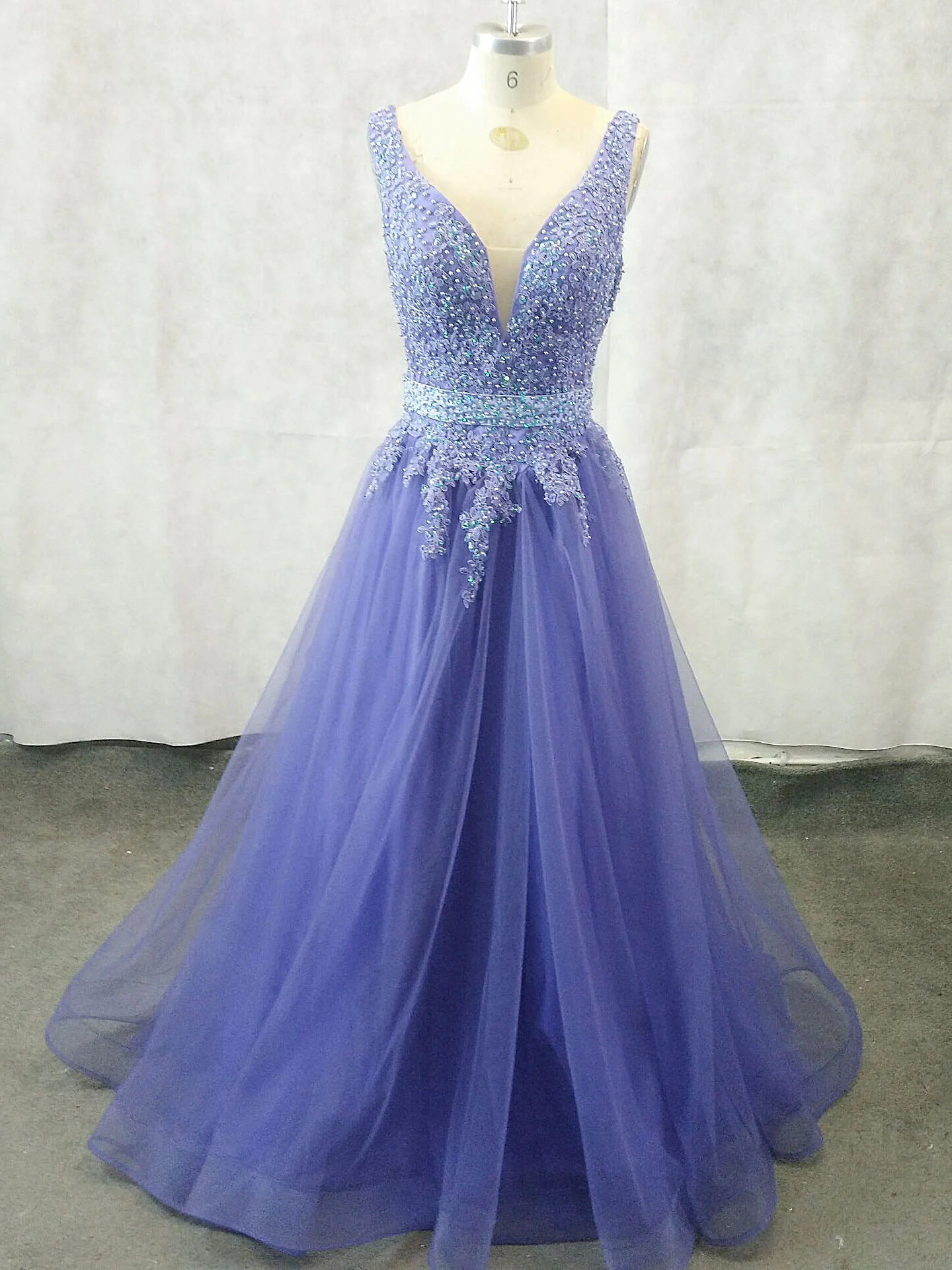 Unique V Neck Tulle Lace Applique Long Prom Dress, Tulle Evening Dress - Deanwangkt