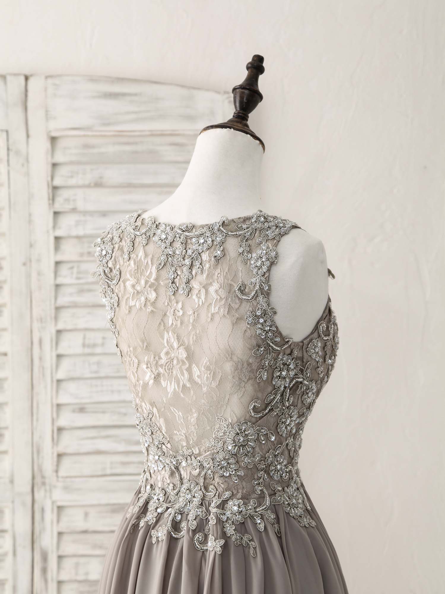 Cute V Neck Lace Chiffon Gray Short Prom Dress Gray Homecoming Dress - Deanwangkt