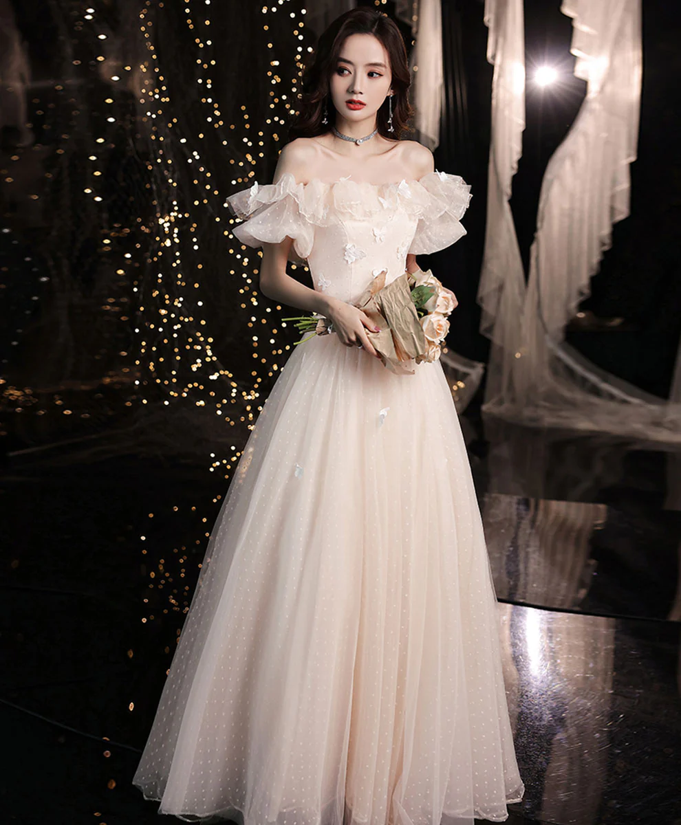 Champagne Long Prom Dress, A line Tulle Formal Graduation Dress with Butterfly - Deanwangkt