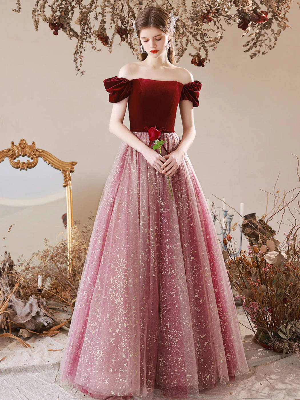 A-Line Burgundy Tulle Long Prom Dress, Burgundy Evening Dress with Velvet - Deanwangkt
