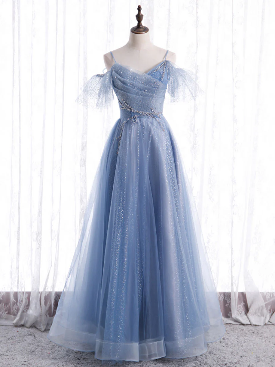 Elegant  A line Tulle Sequin Blue Long Prom Dress, Tulle Blue Formal Evening Dress - Deanwangkt