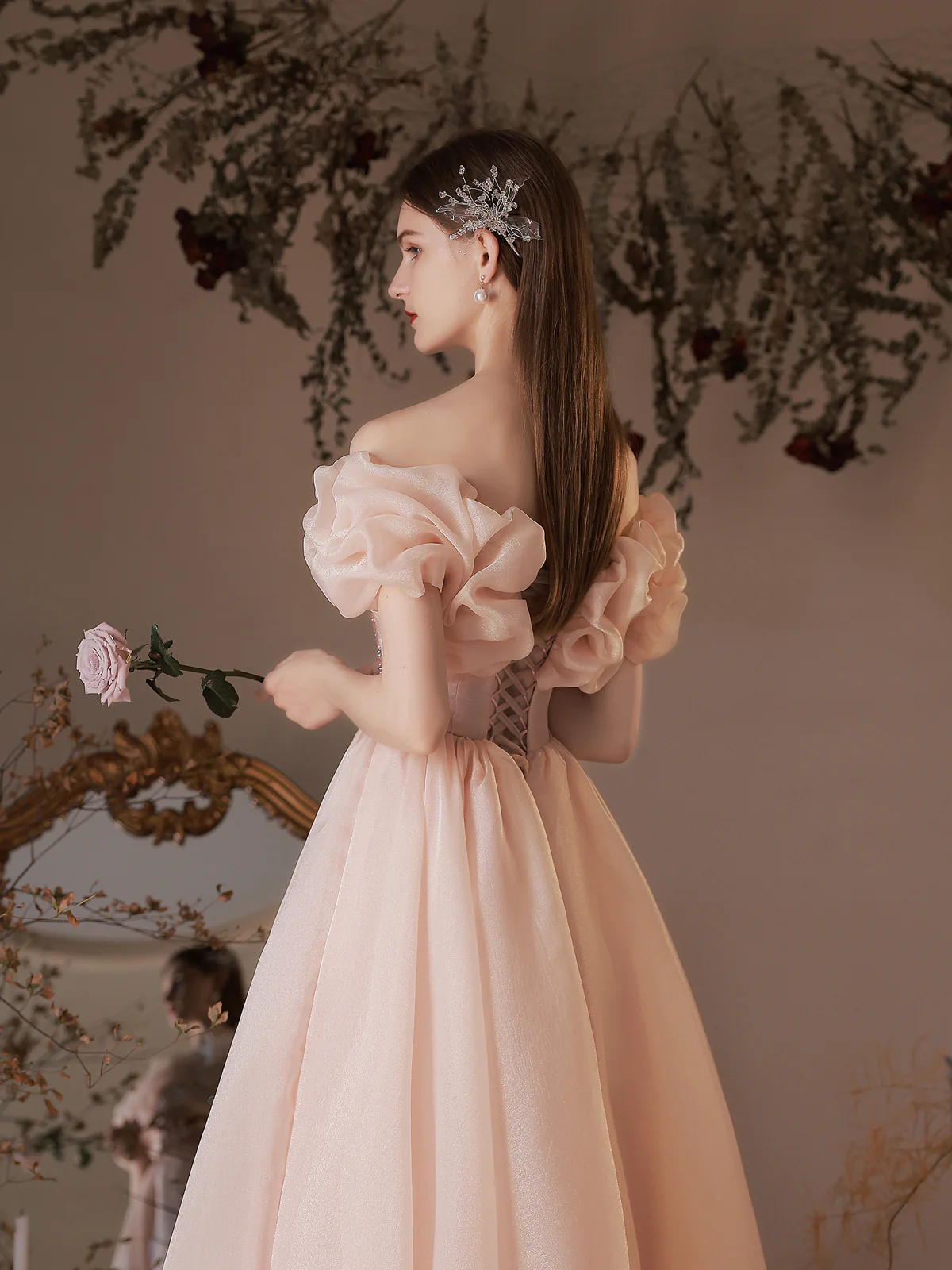 Pink Tulle Off Shoulder Tea Length Prom Dress Pink Tulle Homecoming Dress - Deanwangkt