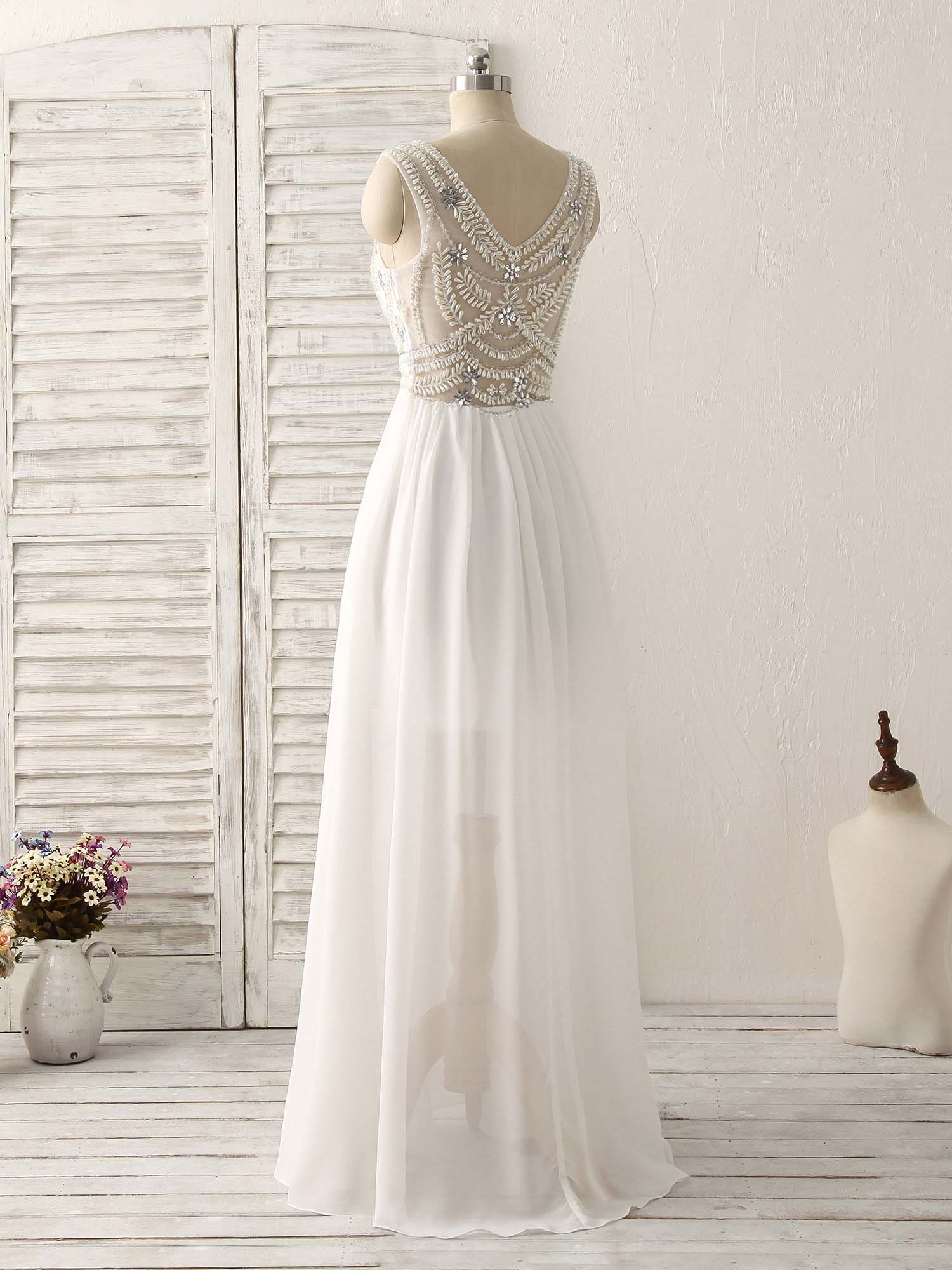 White V Neck Chiffon Long Prom Dresses, White Long Evening Dresses - Deanwangkt