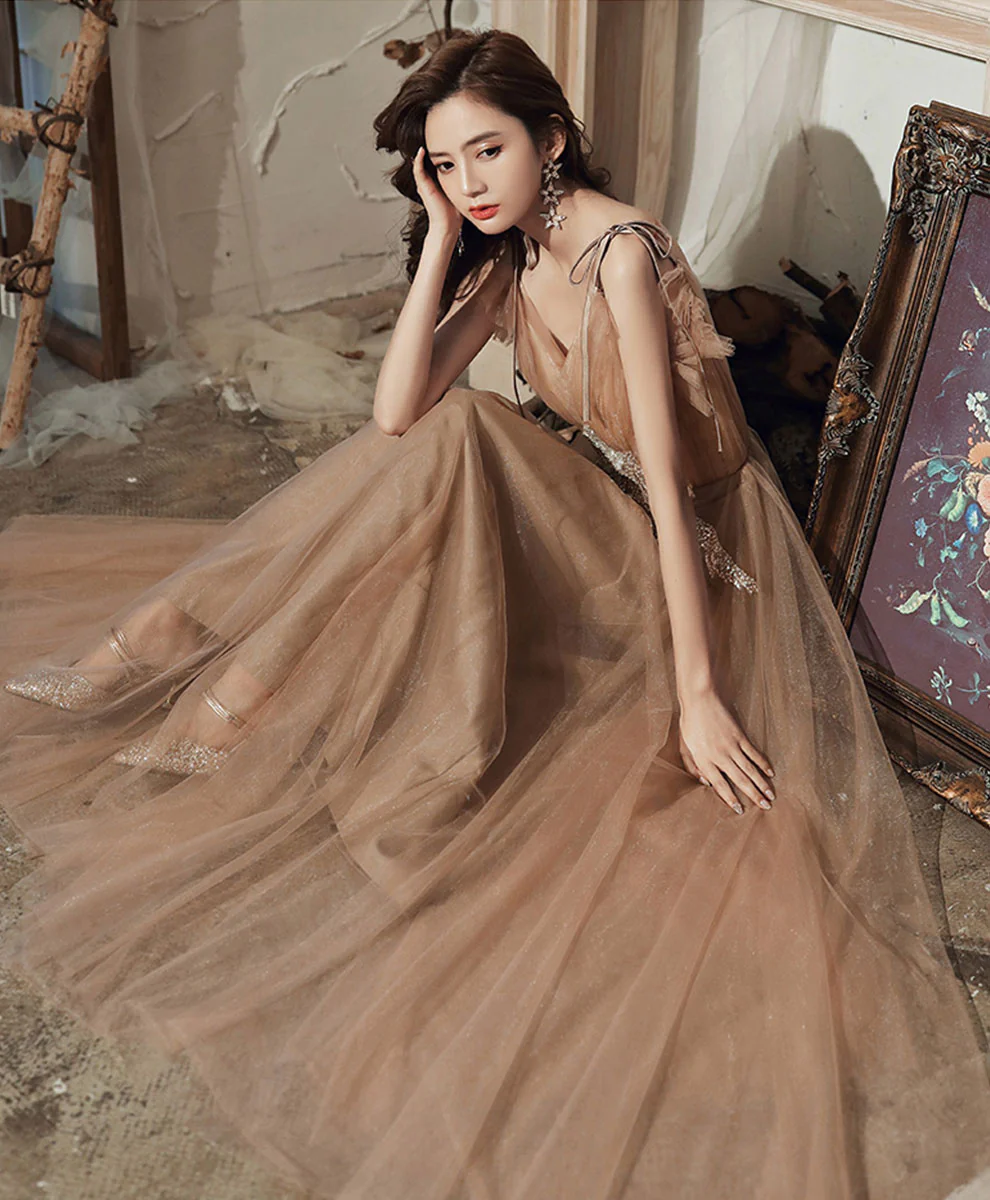 Champagne V Neck Tulle Lace Long Prom Dress Lace Tulle Graduation Dresses - Deanwangkt