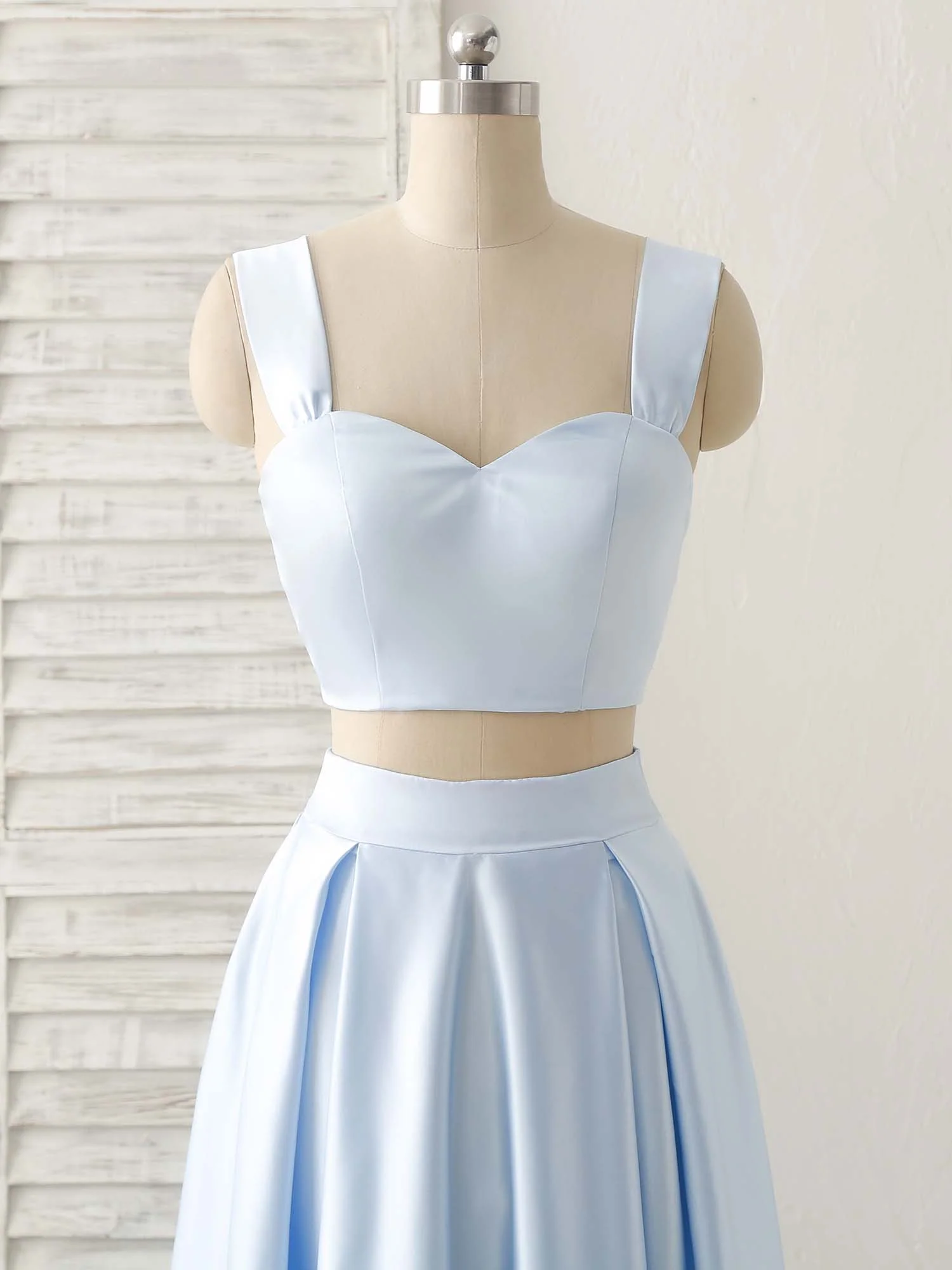 Light Blue Two Pieces Satin Long Prom Dress Simple Evening Dress - Deanwangkt