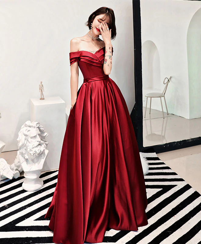 Burgundy V Neck Off Shoulder Long Prom Dress, Evening Dress - Deanwangkt