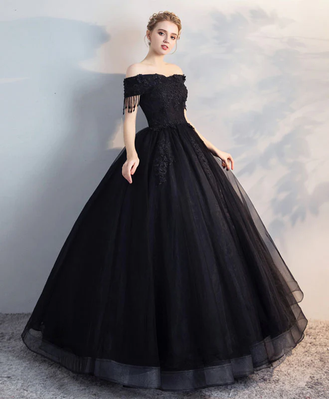 Black Off Shoulder Lace Tulle Long Prom Dress, Black Evening Dress - Deanwangkt