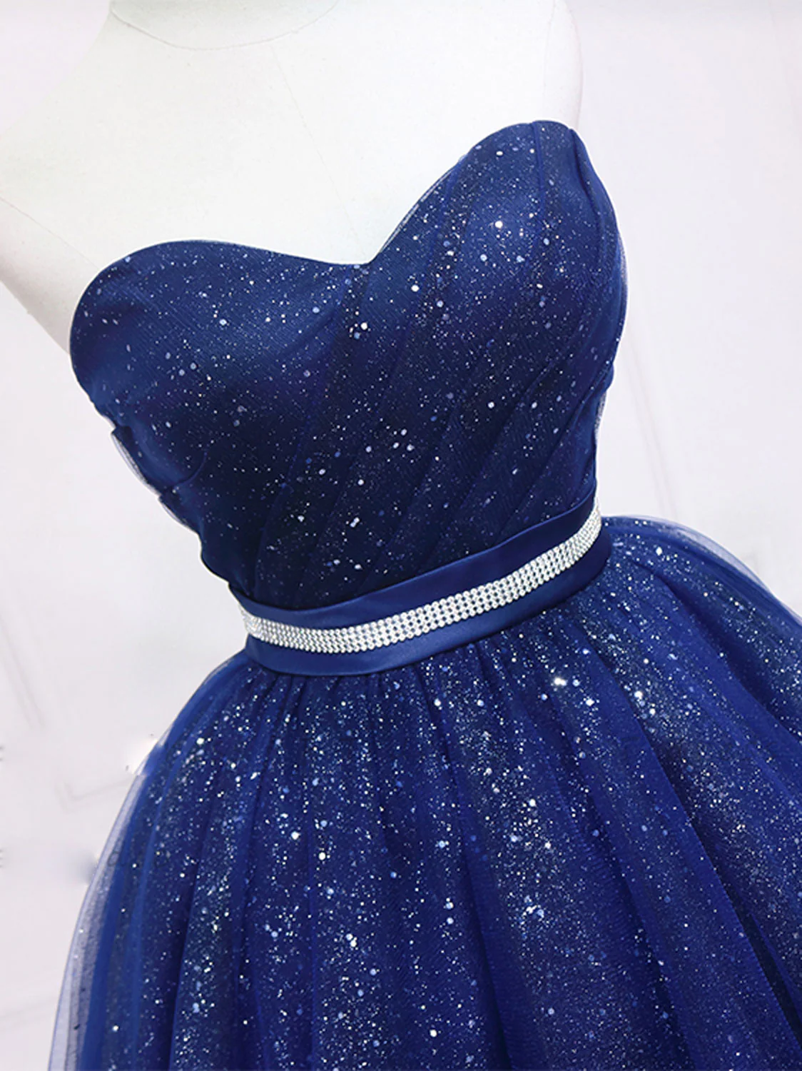 Dark Blue Sweetheart Neck Tulle Sequin Short Prom Dress Blue Puffy Homecoming Dress - Deanwangkt
