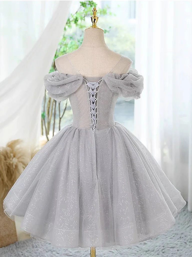 A-Line Scoop Neckline Off Shoulder Tulle Gray Short Prom Dress with Lace Beads - Deanwangkt