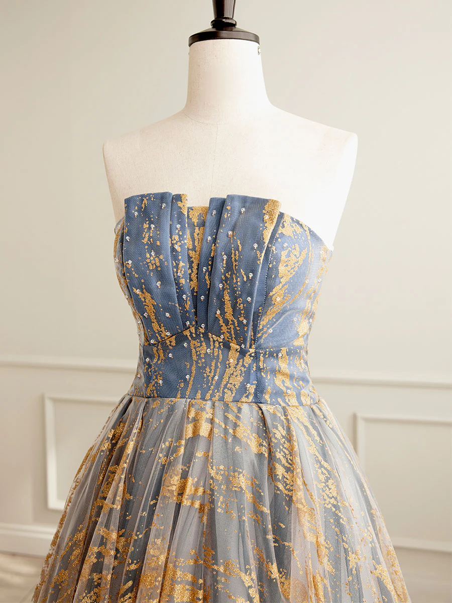 A-Line Tulle Gold/Blue Long Prom Dress, Blue Formal Evening Dress - Deanwangkt