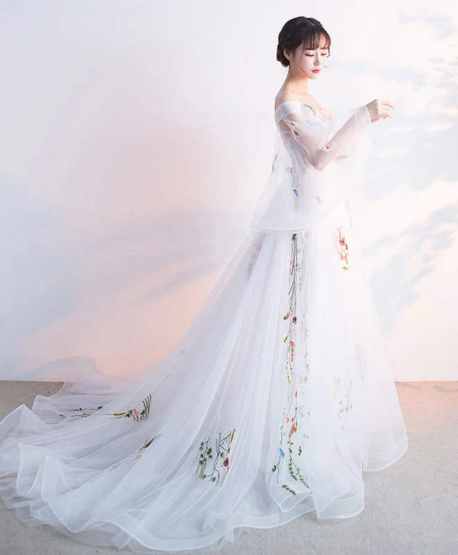 White Tulle Applique Long Prom Dress, White Evening Dress - Deanwangkt