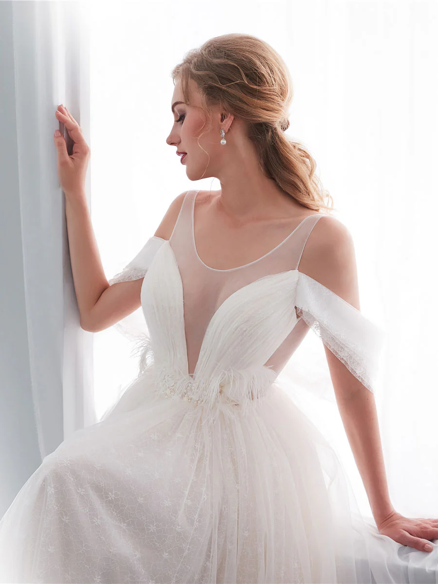 Light Champagne Tulle Lace Long Beach Wedding Dress Bridal Dresses - Deanwangkt